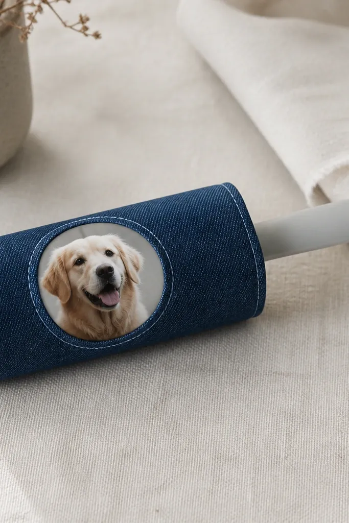 A fabric cover fitted over a small lint roller. The cover has a patch with a printed photo circle and a stitched border in matching thread. The fabric looks like denim or canvas.