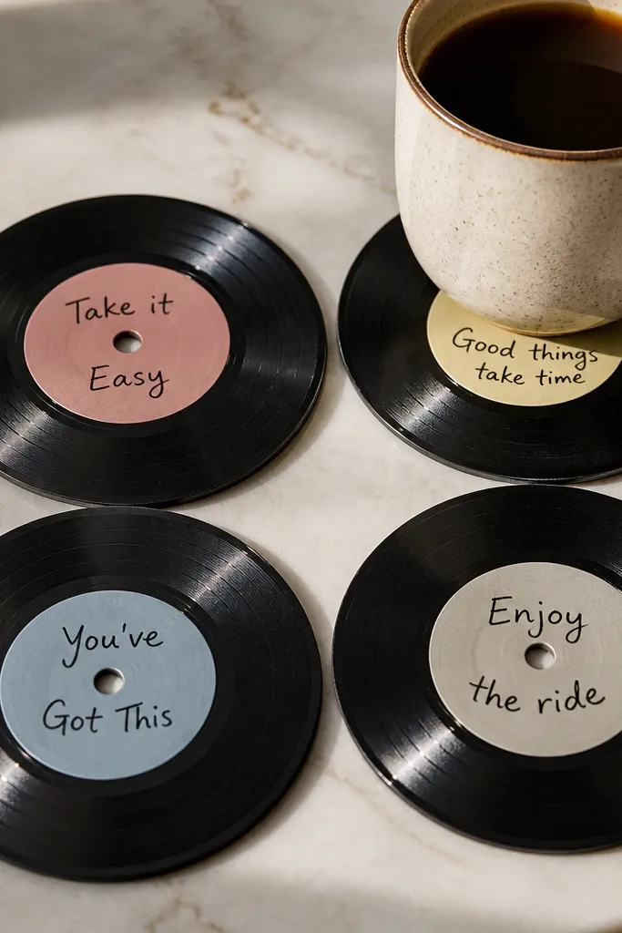 Four circular coasters made from cut vinyl records. Each coaster has a different handwritten message around the center label area. The vinyl has glossy grooves and looks reflective under light.