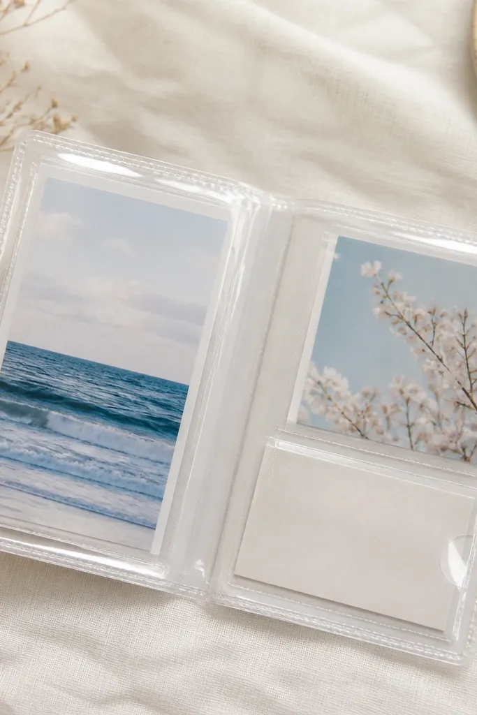 A handmade clear sleeve with a passport-like layout. It has two photo windows and a small pocket for a note. The cover is made from clear vinyl, and the edges are stitched or heat-sealed.