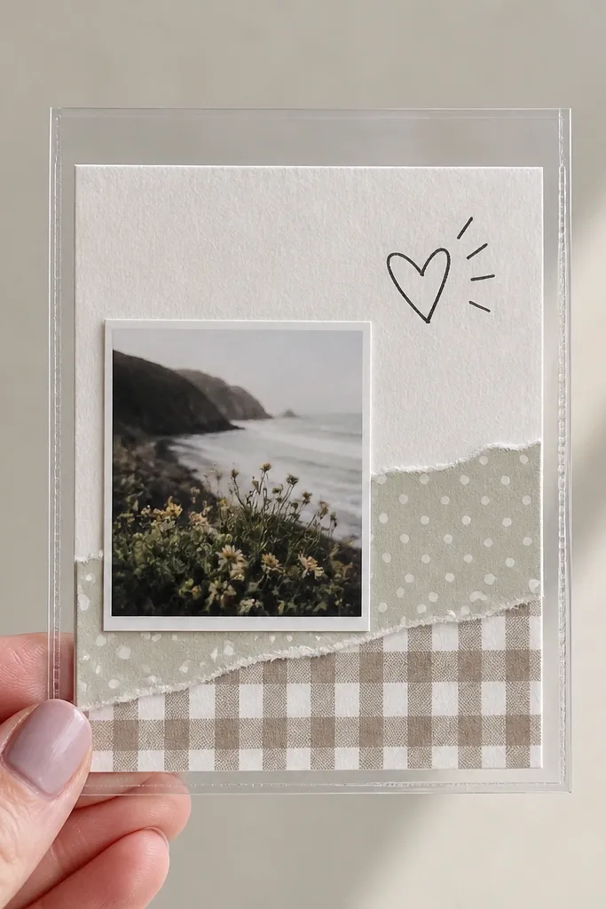 A trading card sleeve holding a single mini scrapbook page. The page has a small photo, two strips of patterned paper, and a handwritten message in the top corner. The sleeve is clear and the corners are crisp.