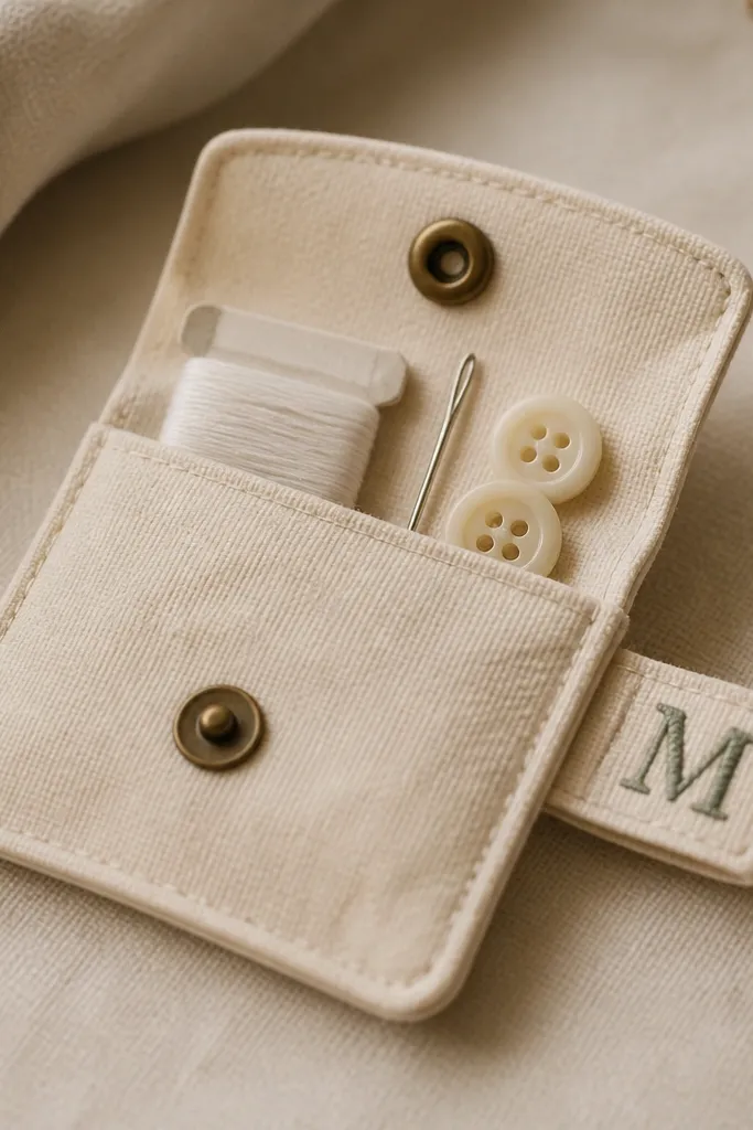 A small fabric tag with an embroidered initial. It's attached to a tiny kit pouch containing a needle, thread, and two spare buttons. The tag is stitched neatly and looks like a clothing label.