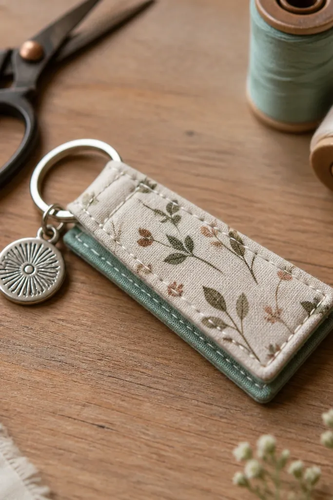 A small keychain made from two layered rectangles of patterned fabric, stitched around the edges, with a round metal button charm hanging from a split ring; the background is a wooden desk with scissors and thread spools.