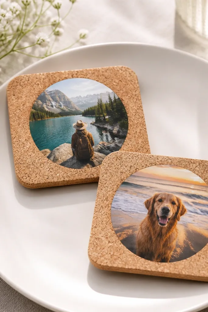 Two square cork coasters on a white plate, each with a small transferred photo circle in the center; the photos look crisp with a clear glossy finish.