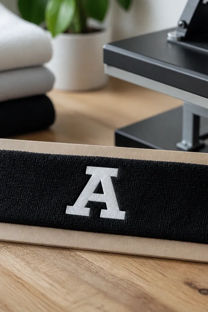 A soft terry cloth sweatband wrapped around a flat board, with a crisp iron-on vinyl initial in white on a black background; a heat press sits nearby.