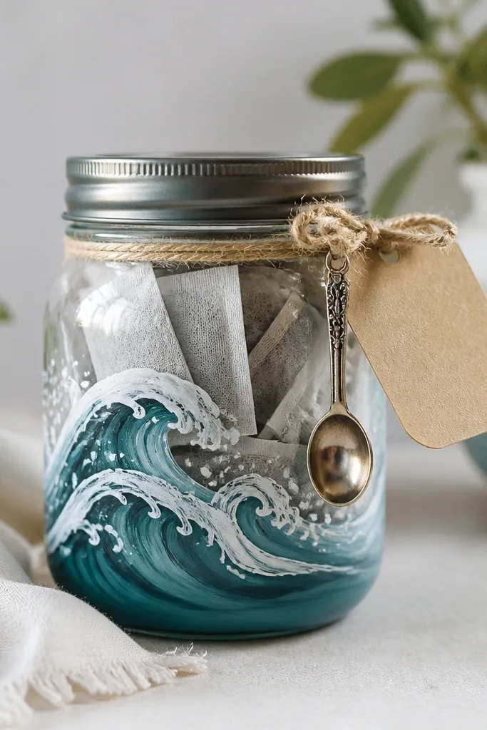 A small mason jar with a painted wave design in teal and white, filled with tea bags; a paper label is tied with twine and a mini spoon charm hangs from the lid.