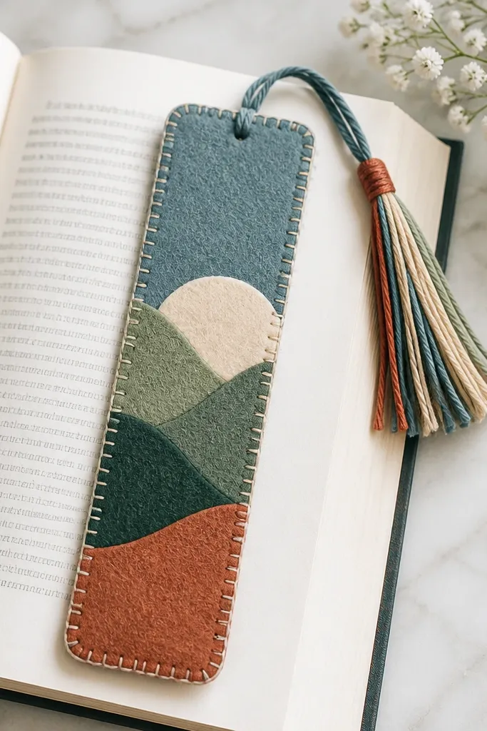 A long felt bookmark in matching colors, with a stitched-looking (actually glued) border and a tassel at the top corner; the tassel is made from embroidery floss threads.