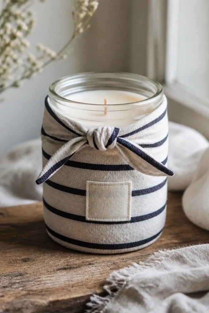 A glass jar candle wearing a fabric sleeve cut from a striped T-shirt, with a simple tie at the top and a small fabric tag on the front.