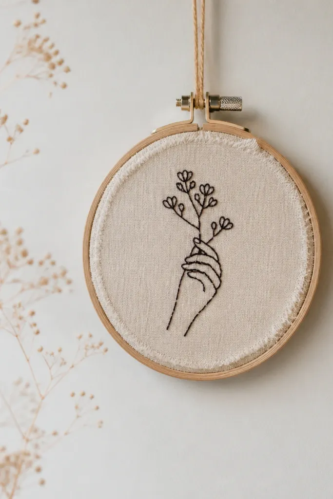 A small wooden embroidery hoop mounted on a string, with scrap fabric inside and a simple stitched line drawing in contrasting thread.