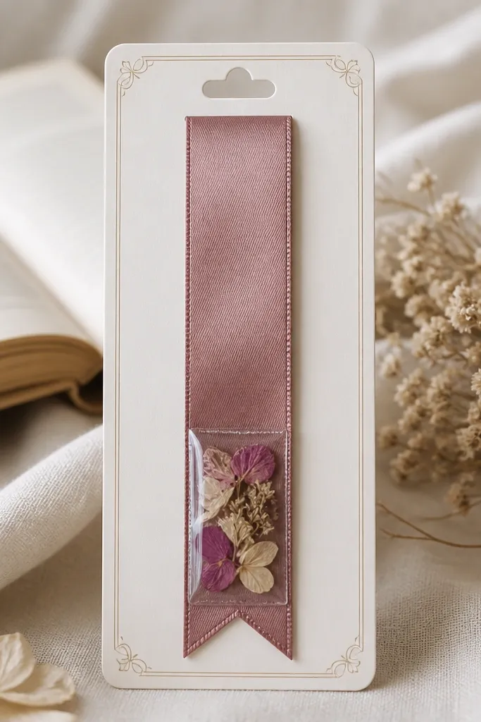 A satin ribbon bookmark with a small transparent pocket containing dried flower petals, mounted on cardstock backing with a neat label.