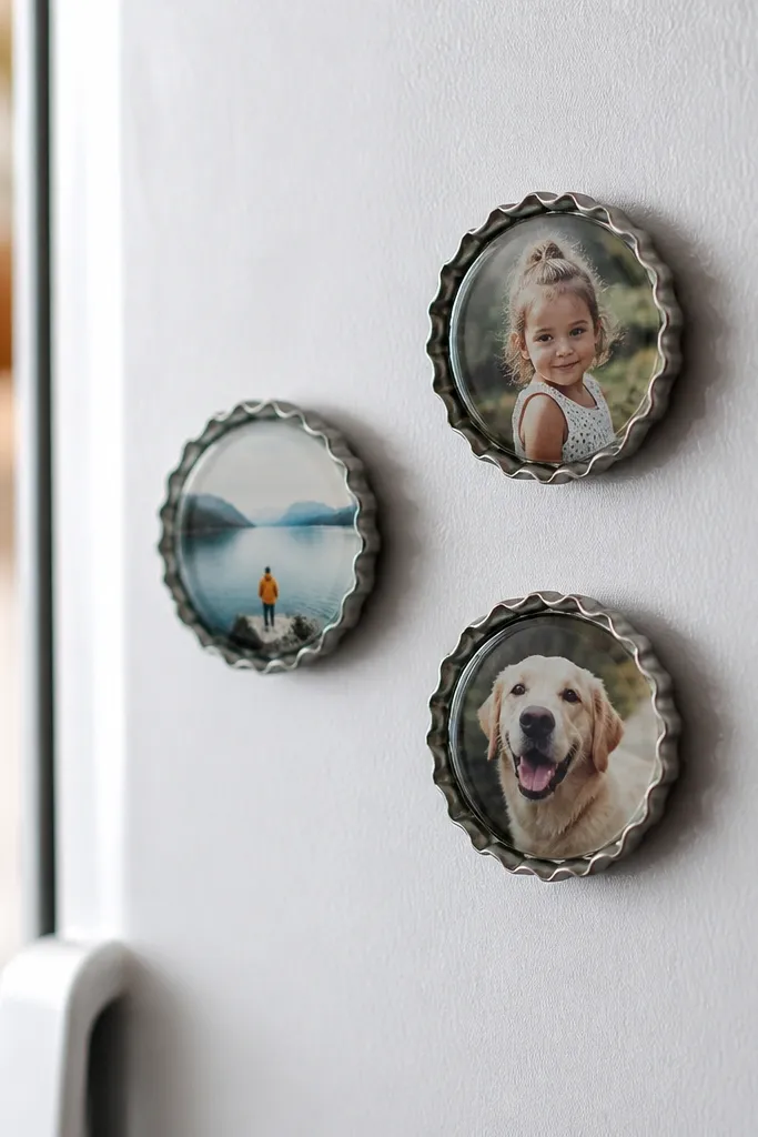 Three bottle cap magnets on a fridge, each with a printed photo circle under clear glossy resin and a metal magnet backing.