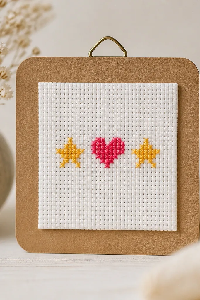 A small cross-stitch square mounted on a cardboard backing with a hook at the top; the design is a tiny heart and two stars in bright thread.