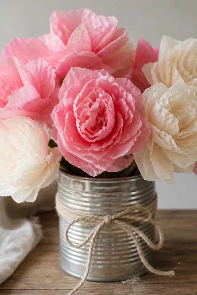 A small bouquet made from crinkled tissue paper flowers inside a reused coffee can, tied with twine; the flowers have layered petals in pink and cream.