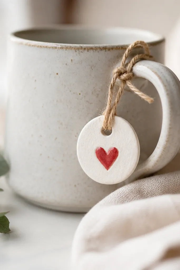 A small painted clay tag tied to a mug handle with twine, with a simple eyelet hole and a tiny heart painted in red on white clay.