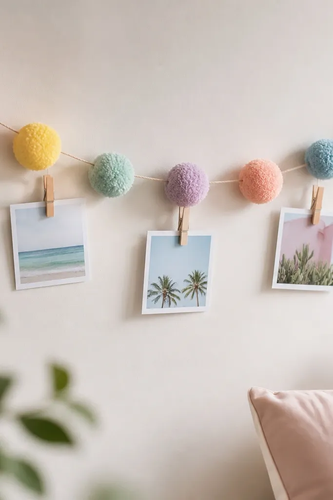 A short string of pom-poms in pastel colors hanging on a wall with a few mini photos clipped to the line; the pom-poms are evenly sized.
