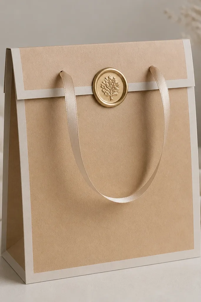 A kraft paper bag covered with a neat paper strip border, finished with a faux wax seal sticker in gold and a thin ribbon handle.