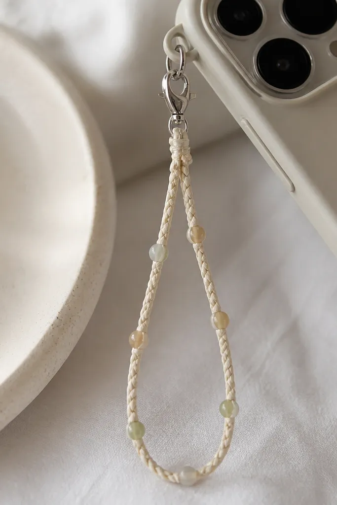 A braided cord phone charm with small beads spaced evenly, attached to a metal lobster clasp; it hangs beside a phone case.
