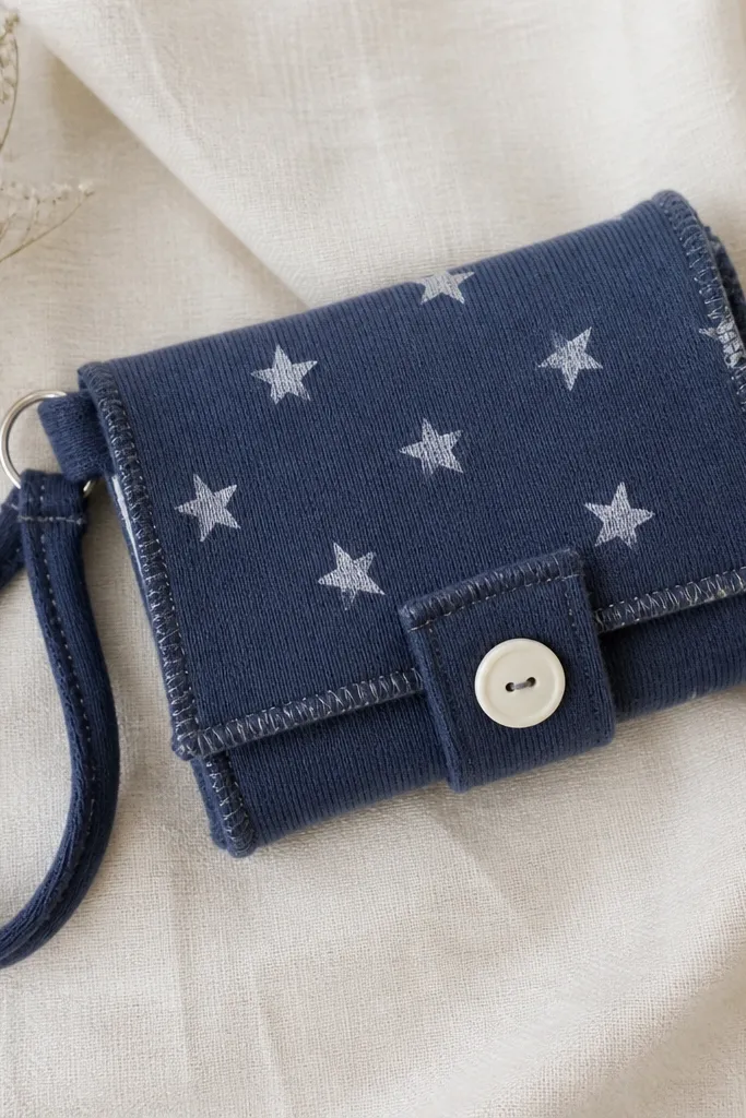 A small wrist wallet made from a T-shirt cuff, with a stamped star pattern in white ink and a stitched edge; it has a button closure.