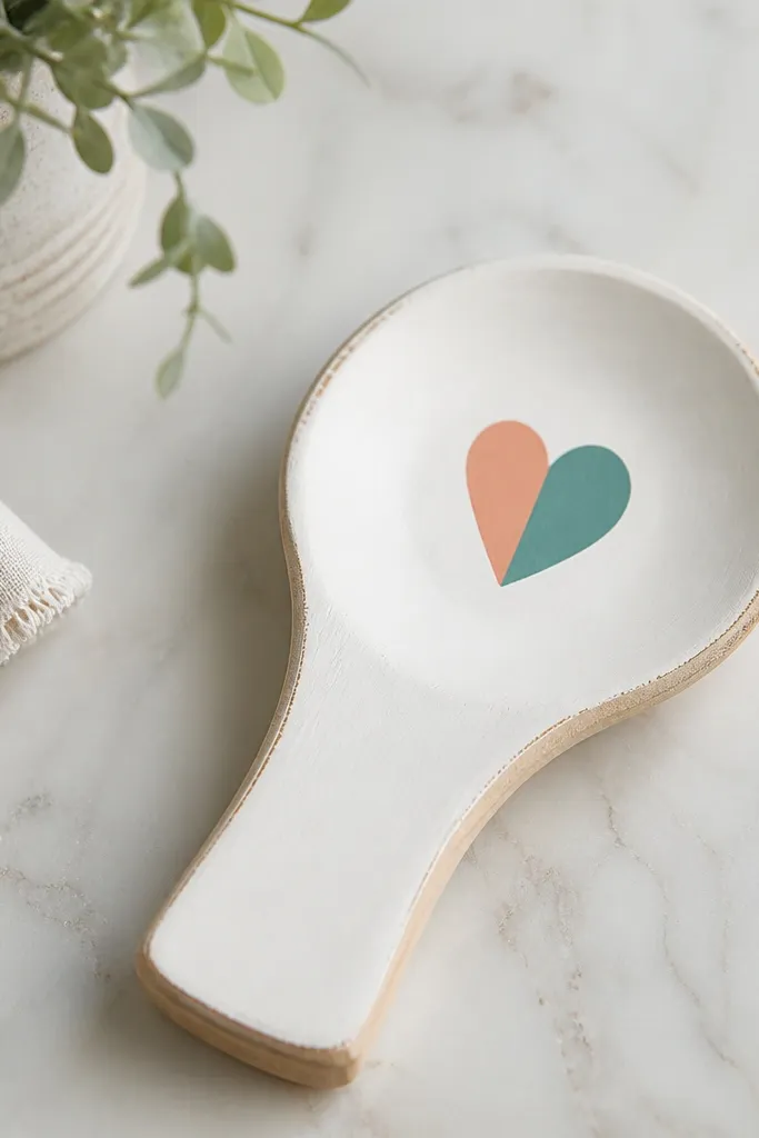 A wooden spoon rest painted in off-white with a small color-block heart in coral and teal; the grain of the wood still shows at the edges.