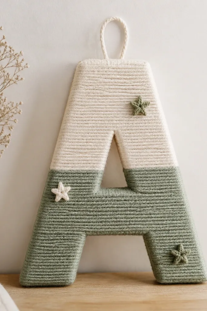 A freestanding letter made from cardboard, wrapped in soft yarn in cream and sage, with a small hanging loop and tiny star accents.