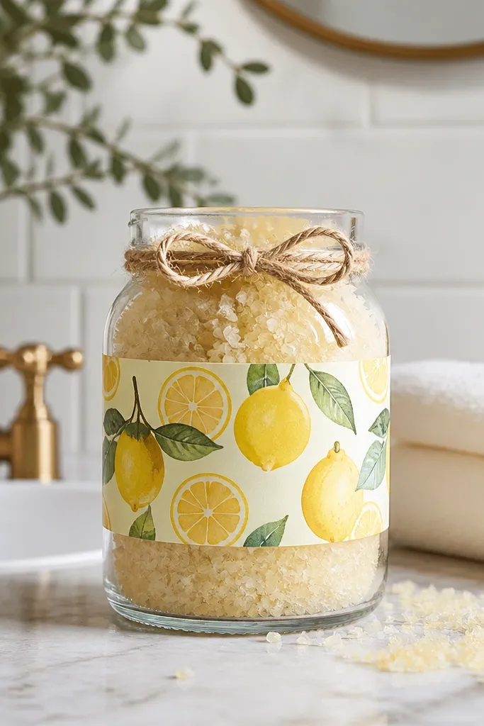 A clear jar filled with pale yellow bath salts, with a bright lemon-themed paper label and a twine bow on top; the jar sits on a bathroom counter.