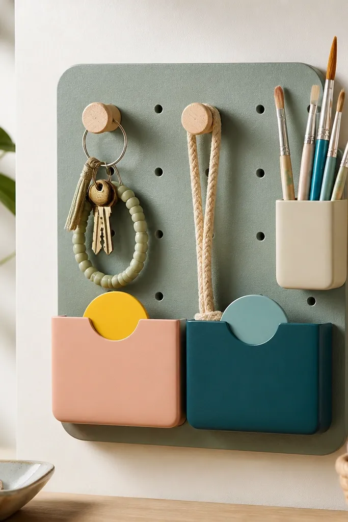 A small painted pegboard panel with two hooks, a tiny brush holder, and removable vinyl tabs labeling compartments in bright colors.