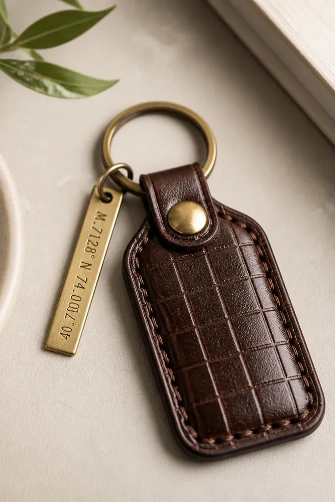 A small keychain made from dark brown leatherette with a stamped grid pattern and a thin brass coordinates tag. The tag hangs from a split ring, and the leather piece has neat stitched edges and a glossy finish.