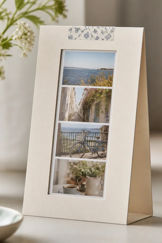 A small tabletop frame holding a vertical strip of 4 photos. The frame is made from thick cardstock with a clear window, and the top hinge is a strip of patterned washi tape.