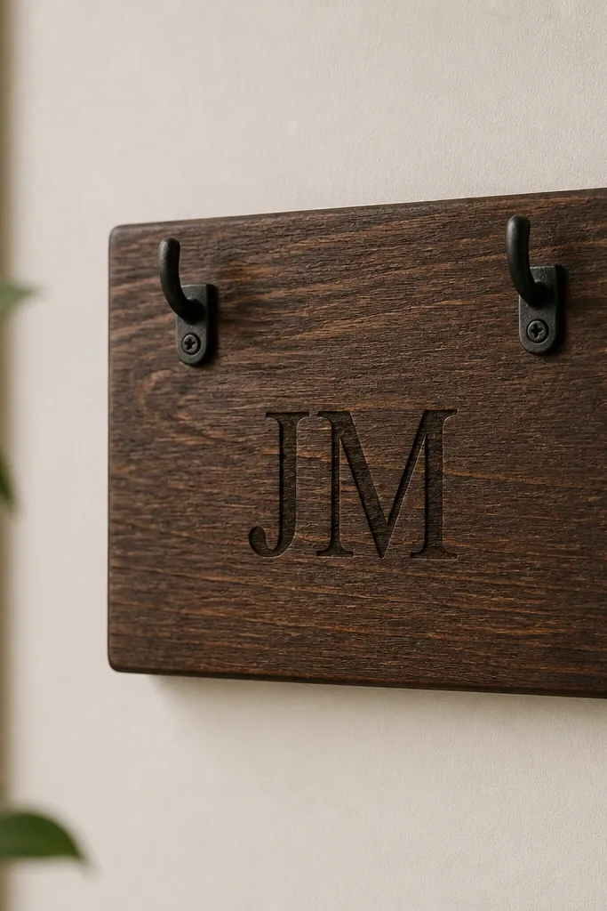 A small rectangular piece of sanded wood stained dark, with burned initials in the center and two small hooks mounted at the top. The wood has a smooth satin finish and sits on a wall.