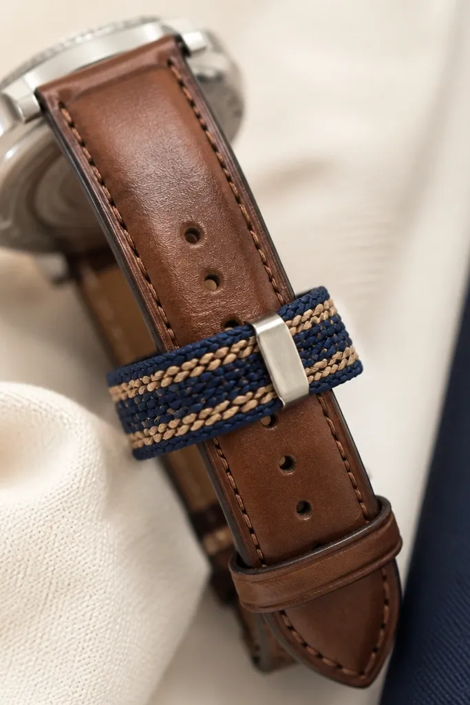 A narrow woven band in navy and tan with a small metal clasp, looped around a watch band as a tie. The weave looks tight and even with clean ends.