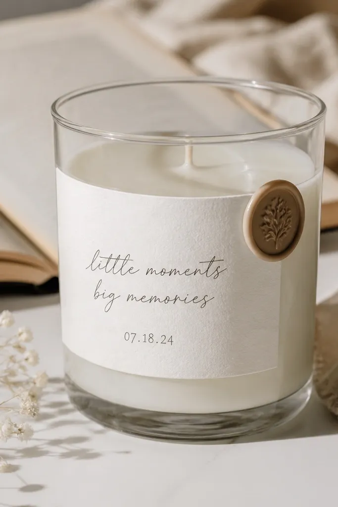 A clear glass candle jar with a printed label wrapped around the middle. The label has a handwritten-style quote and a date, plus a small wax-seal sticker on the edge.
