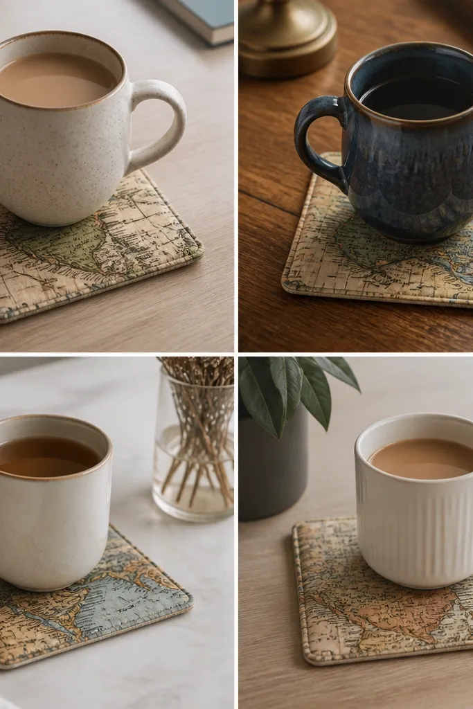 Four fabric coasters with a vintage map print. The edges look neatly sealed and slightly glossy, and each coaster sits on a table with a mug.