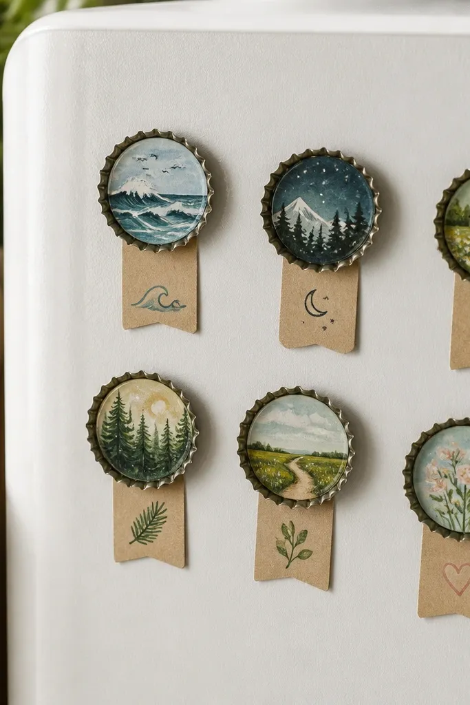 A set of bottle cap magnets on a fridge. Each cap has a small painted scene and a tiny message on a backing tag attached underneath.