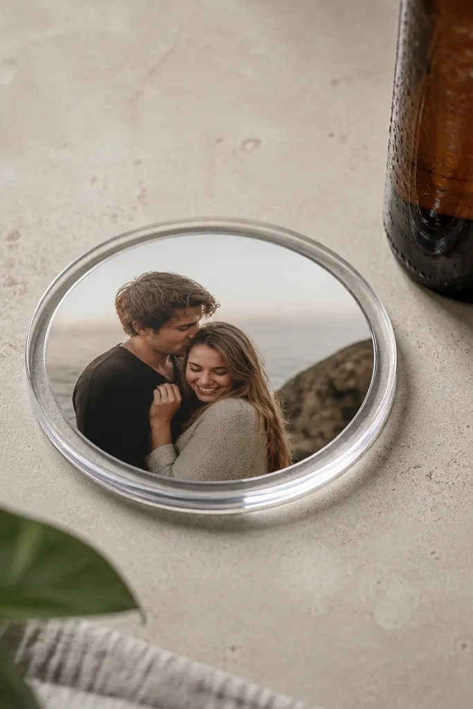 A clear acrylic coaster with a photo insert in the center, showing a small couple picture. The coaster has polished edges and sits next to a beer bottle.