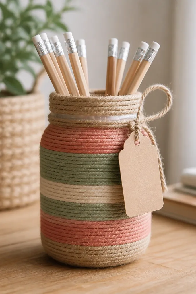 A mason jar wrapped in thick twine and embroidery thread. The jar has a clean wrap pattern with a small tag tied to the handle, and pencils sit inside.