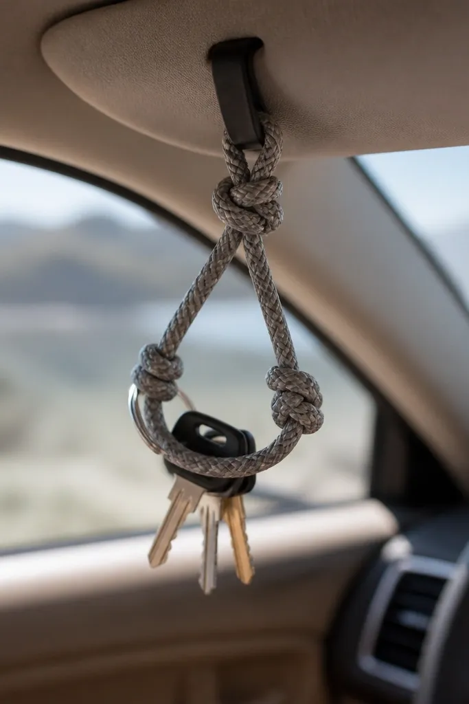 A small rope organizer with two knots forming a cradle, attached to a car visor or hook. A set of keys sits neatly in the loop.