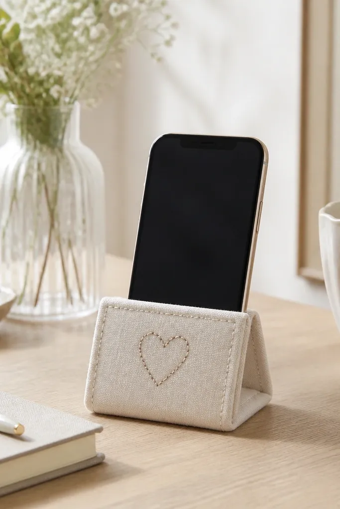 A small canvas phone stand in off-white with a stitched border and a simple embroidered heart. The stand holds a phone upright on a desk.