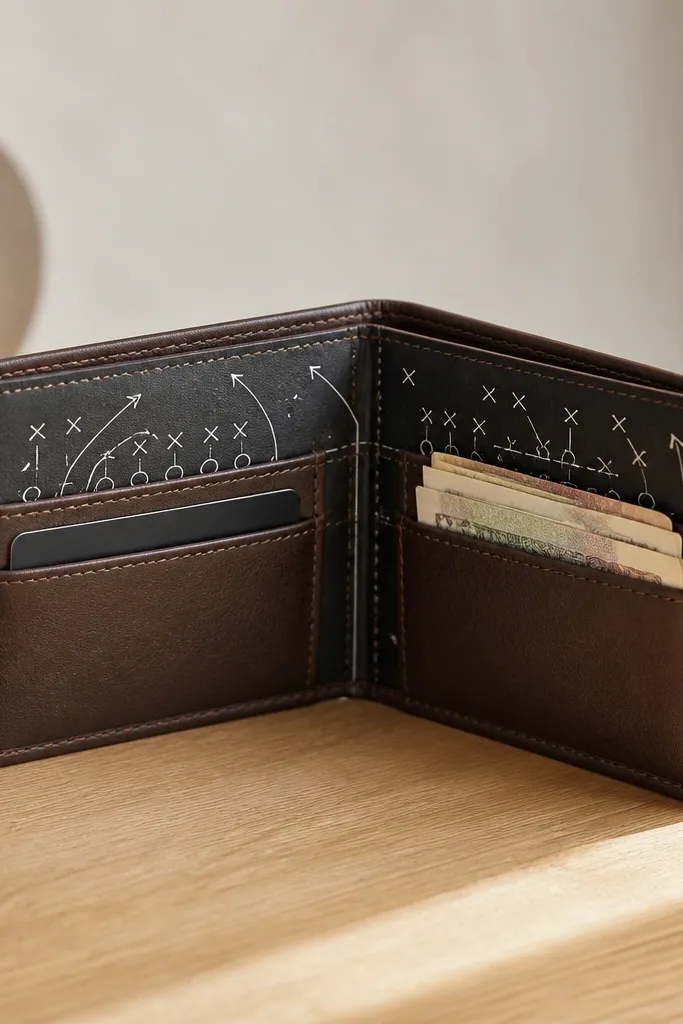 A small wallet made from faux leather with a printed interior card that looks like a mini playbook. It holds a few folded notes and a card slot.