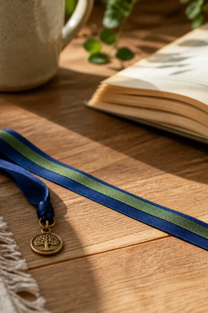 A set of satin ribbon bookmarks with layered colors and small metal charm ends. The ribbon tips look neatly melted and sealed, not frayed.