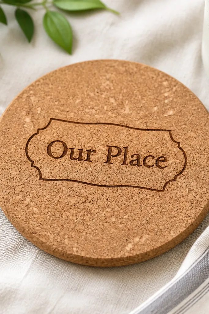 A round cork coaster with a burned wood-burner style label in the center reading "Our Place." The burn has a clean outline and the cork surface looks sealed.