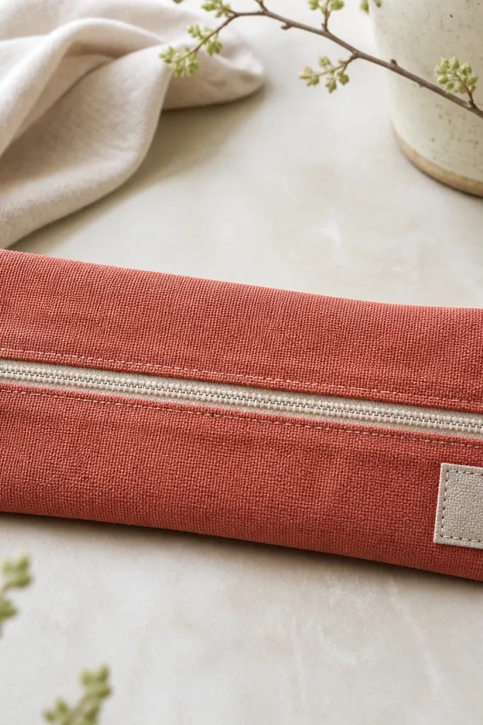 A slim zipper pouch made from a repurposed T-shirt fabric panel. The zipper is centered, and the pouch has clean top stitching and a small stitched patch.
