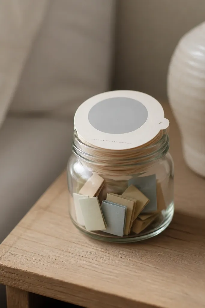 A small jar with folded mini notes inside and a stack of scratch-off style labels on top. Each label has a short prompt and a date, and the jar sits on a nightstand.