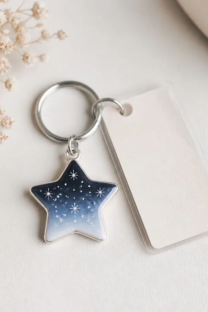 A small star charm keychain with multiple tiny star dots in a gradient. It hangs from a split ring and has a small laminated card tag attached.