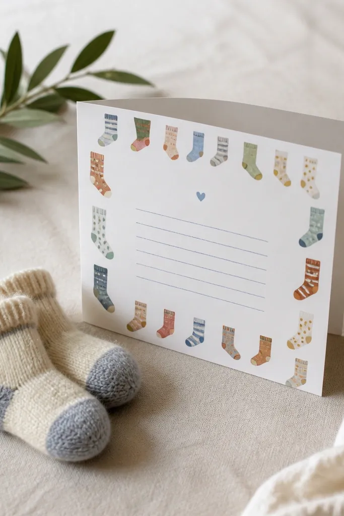 A folded card featuring a hand-painted sock pattern border. The inside has a handwritten message and the card is placed next to a small pair of socks.