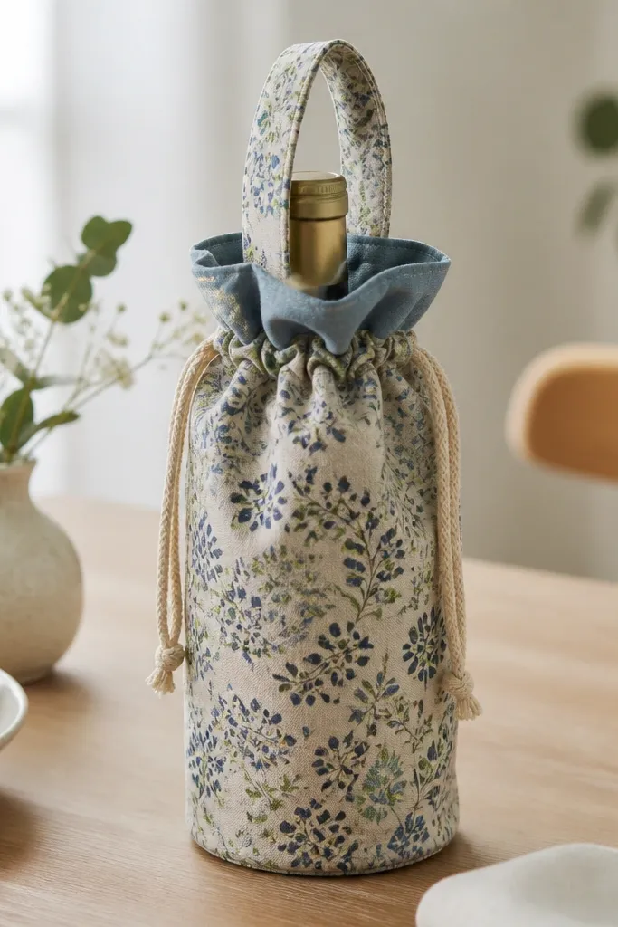 A small bottle tote bag made from patterned cotton with a cinch cord at the top. It has a clean lining in solid fabric and sits on a table with a bottle inside.