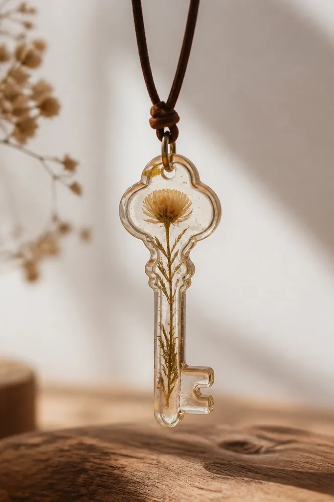 A small resin pendant shaped like a key with a dried flower embedded inside. The pendant is clear with a slight amber tint and hangs from a thin leather cord.