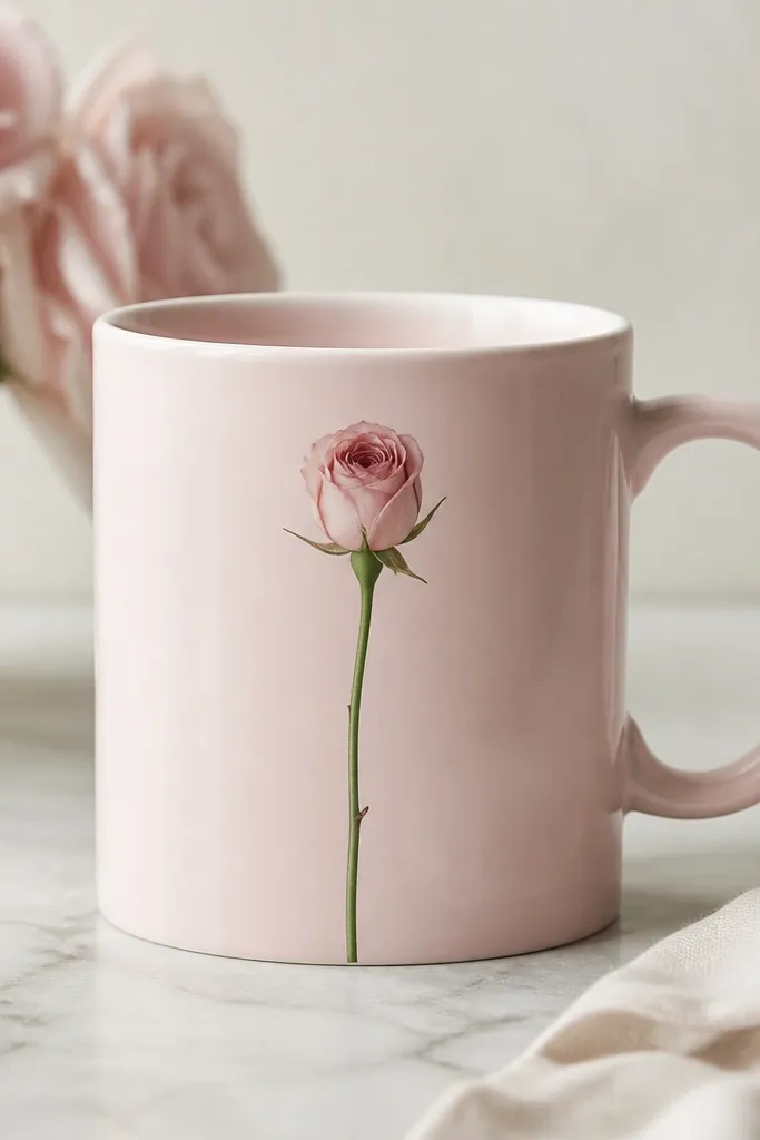 A pale pink mug showing one vertical green stem rising up the side. At the top sits a small rosebud with layered pink petals and a darker pink center.