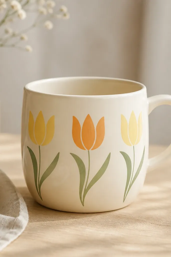 A cream mug with three tulip shapes painted as smooth curved stripes. The tulips use buttery yellow and soft orange with green stems, spaced evenly across the mug.