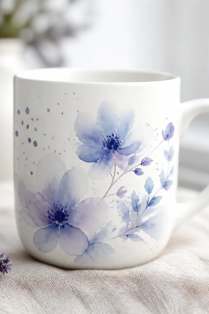 A white mug with soft, watercolor-like blue and lavender flowers. The petals have feathered edges and a few tiny splatter dots around them.