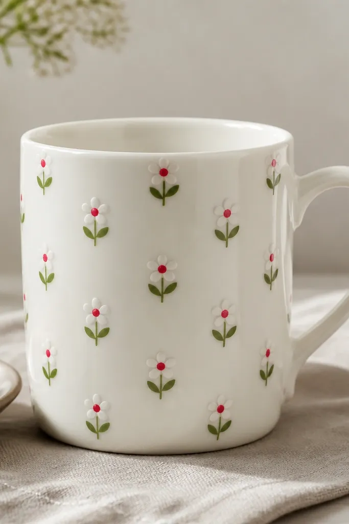 A white mug with a repeating pattern of small flowers that look like four heart petals. Each bloom has a red or magenta center dot and green leaf accents.
