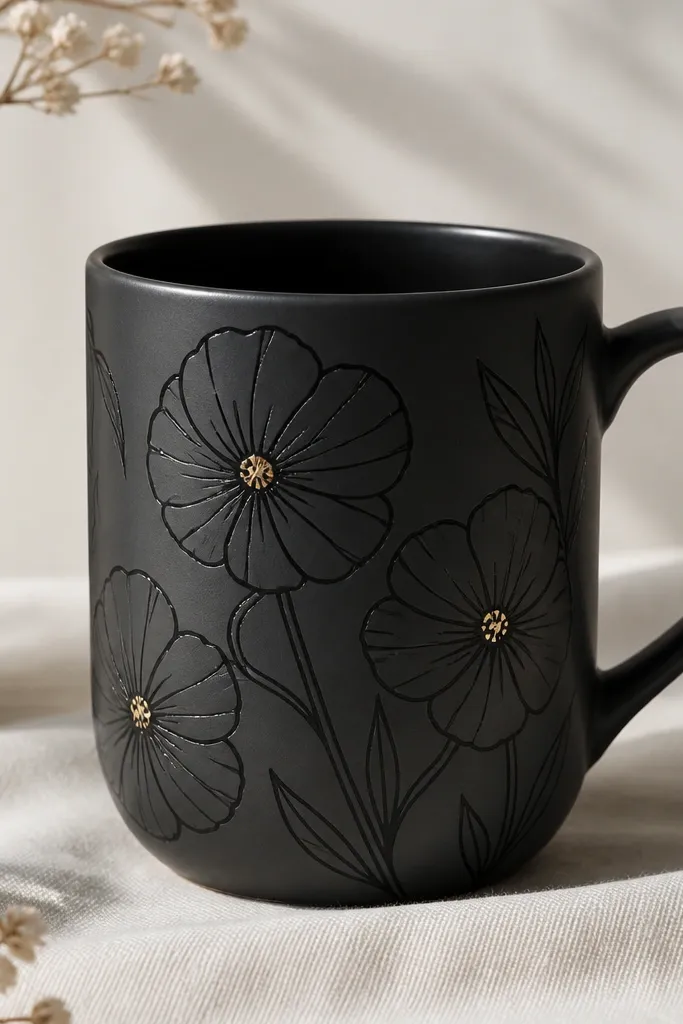 A black or dark gray mug with crisp black line flowers. Each bloom has a small gold center dot that catches light.
